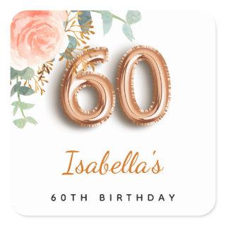 60th birthday floral rose gold eucalyptus monogram square sticker
