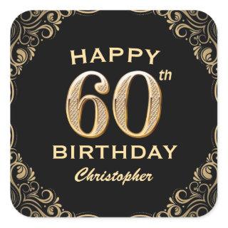 60th Birthday Party Black and Gold Glitter Frame Square Sticker