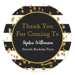 60th Birthday Party| Black White Gold Thank You Classic Round Sticker