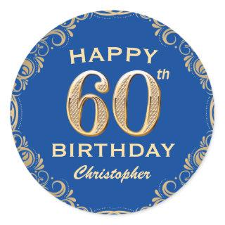 60th Birthday Party Blue and Gold Glitter Frame Classic Round Sticker