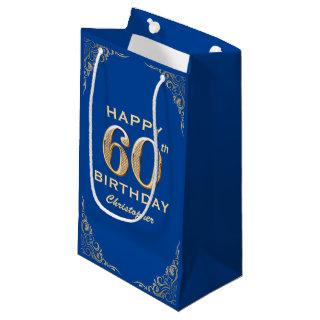 60th Birthday Party Blue and Gold Glitter Frame Small Gift Bag