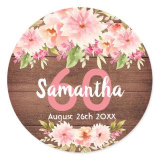 60th birthday party coral dahlia flowers brown classic round sticker
