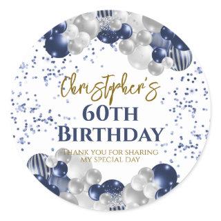 60th Birthday Party Navy Balloons Classic Round Sticker