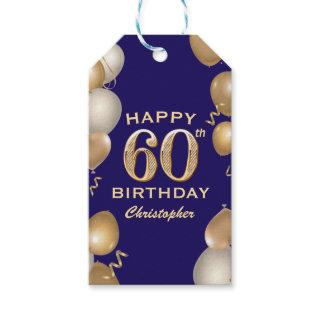 60th Birthday Party Navy Blue and Gold Balloons Gift Tags
