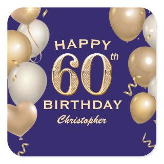 60th Birthday Party Navy Blue and Gold Balloons Square Sticker