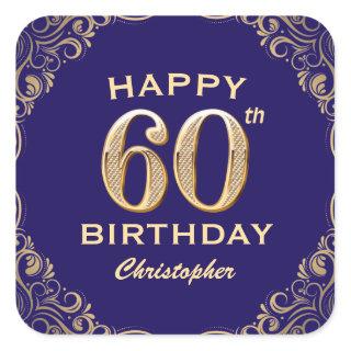 60th Birthday Party Navy Blue and Gold Glitter Square Sticker