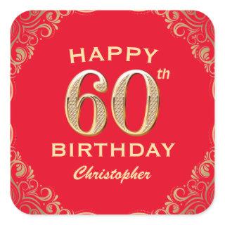 60th Birthday Party Red and Gold Glitter Frame Square Sticker