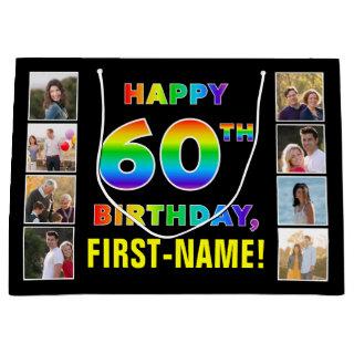 60th Birthday: Rainbow Text, Custom Photos & Name Large Gift Bag