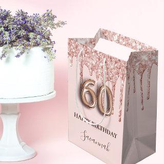 60th birthday rose gold blush glitter drips medium gift bag