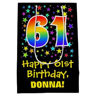 61st Birthday: Colorful Stars Pattern & Rainbow 61 Medium Gift Bag