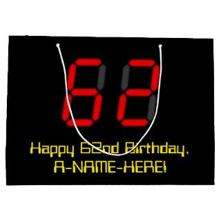 62nd Birthday: Red Digital Clock Style "62" + Name Large Gift Bag