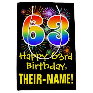 63rd Birthday: Fun Fireworks Pattern + Rainbow 63 Medium Gift Bag