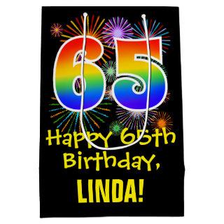 65th Birthday: Fun Fireworks Pattern + Rainbow 65 Medium Gift Bag