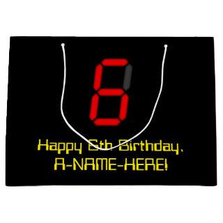 6th Birthday: Red Digital Clock Style "6" + Name Large Gift Bag