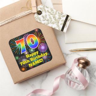 70th Birthday: Fun Fireworks Look, Rainbow # 70 Square Sticker