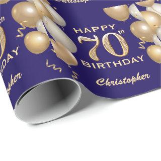 70th Birthday Navy Blue and Gold Glitter Balloons