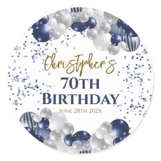 70th Birthday Party Navy Balloons Classic Round Sticker