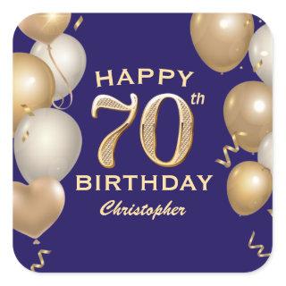 70th Birthday Party Navy Blue and Gold Balloons Square Sticker