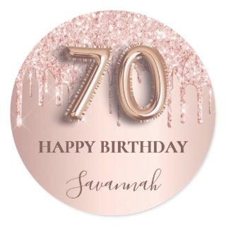 70th birthday rose gold glitter pink balloon style classic round sticker