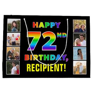 72nd Birthday: Rainbow Text, Custom Photos & Name Large Gift Bag