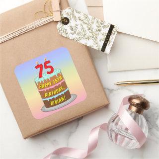 75th Birthday: Fun Cake and Candles + Custom Name Square Sticker