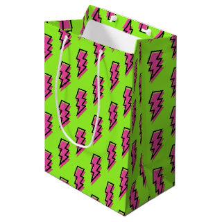80's/90's Neon Green & Pink Lightning Bolt Pattern Medium Gift Bag