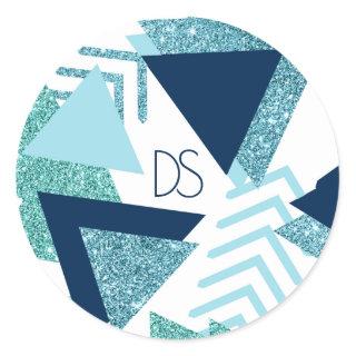 80s Luxe Abstract | Turquoise and Navy Monogram Classic Round Sticker