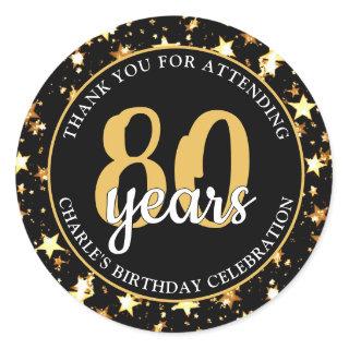 80th Birthday Black and Gold Stars THANK YOU Classic Round Sticker