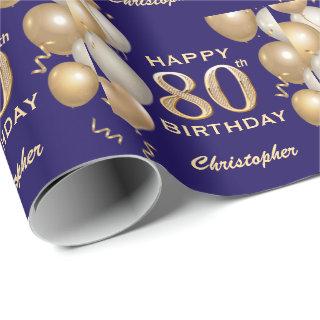 80th Birthday Navy Blue and Gold Glitter Balloons