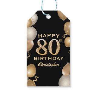 80th Birthday Party Black and Gold Balloons Gift Tags