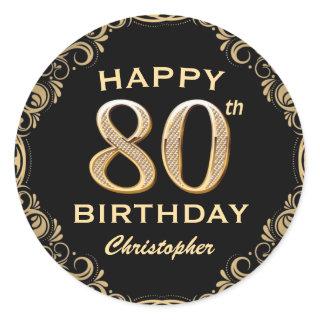 80th Birthday Party Black and Gold Glitter Frame Classic Round Sticker