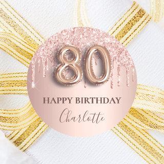 80th birthday rose gold glitter pink balloon style classic round sticker