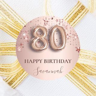80th birthday rose gold pink stars balloon font classic round sticker