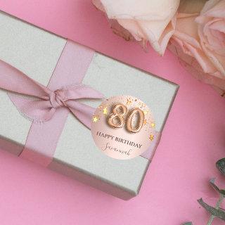 80th birthday rose gold stars pink balloon font classic round sticker