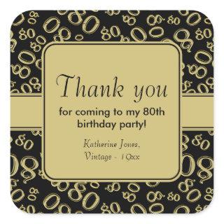 80th Thank You Black/Gold Birthday Number Pattern Square Sticker