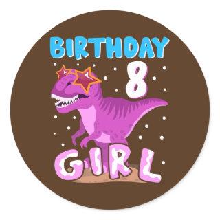 8 Years Old 8th Birthday Girl Dinosaur T Rex Classic Round Sticker