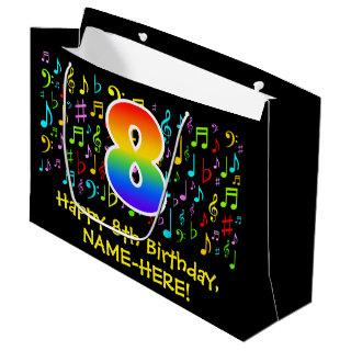 8th Birthday - Colorful Music Symbols, Rainbow 8 Large Gift Bag