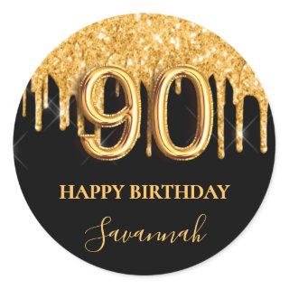 90th birthday black gold glitter balloon party classic round sticker