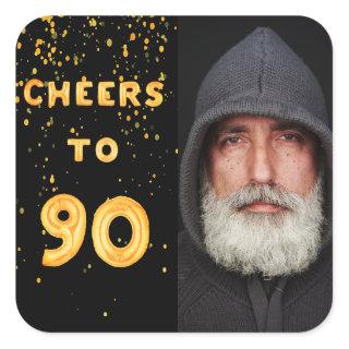 90th birthday black gold photo cheers guy man square sticker