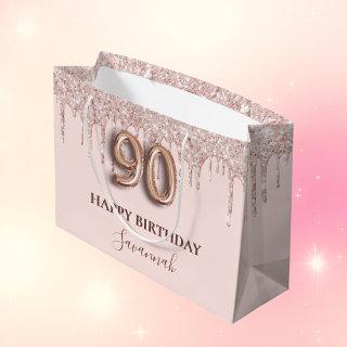 90th birthday blush pink glitter drips rose gold large gift bag