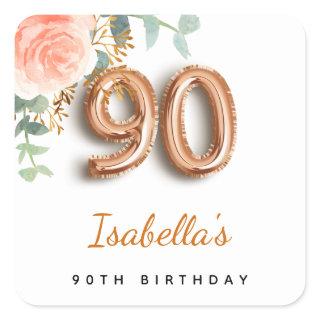 90th birthday floral rose gold eucalyptus monogram square sticker