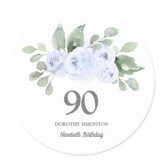 90th Birthday Party Blue Rose Eucalyptus Classic Round Sticker