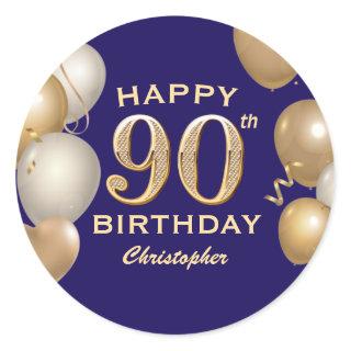 90th Birthday Party Navy Blue and Gold Balloons Classic Round Sticker