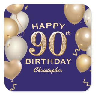 90th Birthday Party Navy Blue and Gold Balloons Square Sticker