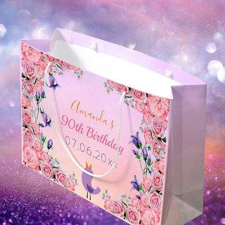 90th birthday party pink purple florals name large gift bag