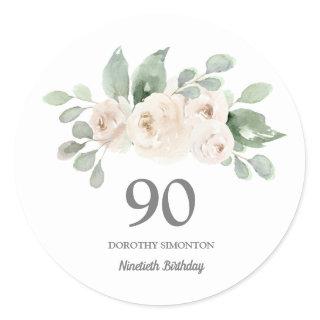 90th Birthday Party White Rose Eucalyptus Classic Round Sticker