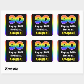 90th Birthday: Rainbow Spectrum # 90, Custom Name Square Sticker