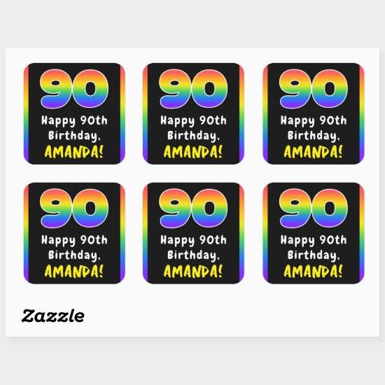 90th Birthday: Rainbow Spectrum # 90, Custom Name Square Sticker