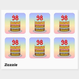 98th Birthday: Fun Cake and Candles + Custom Name Square Sticker