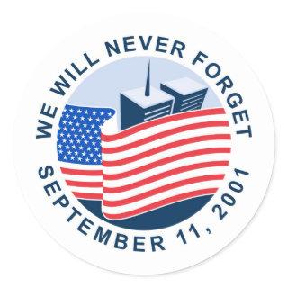 9/11 memorial with american flag and twin towers classic round sticker